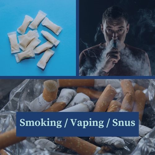 Three separate pictures within a larger picture showing cigarettes, a man vaping, and some snus lozenges